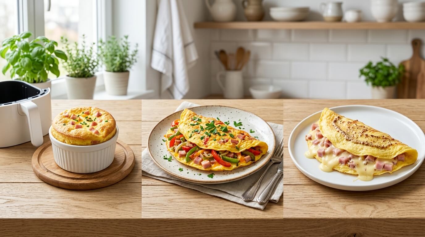 Ham and Cheese Omelette variations including baked omelette, veggie-filled omelette, and cheesy ham omelette on plates