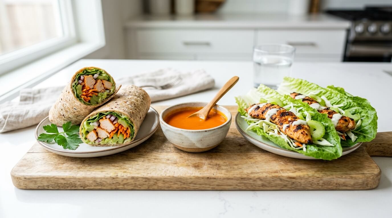 Crispy Buffalo Chicken Wraps Recipe served with sauce and lettuce wraps on a board