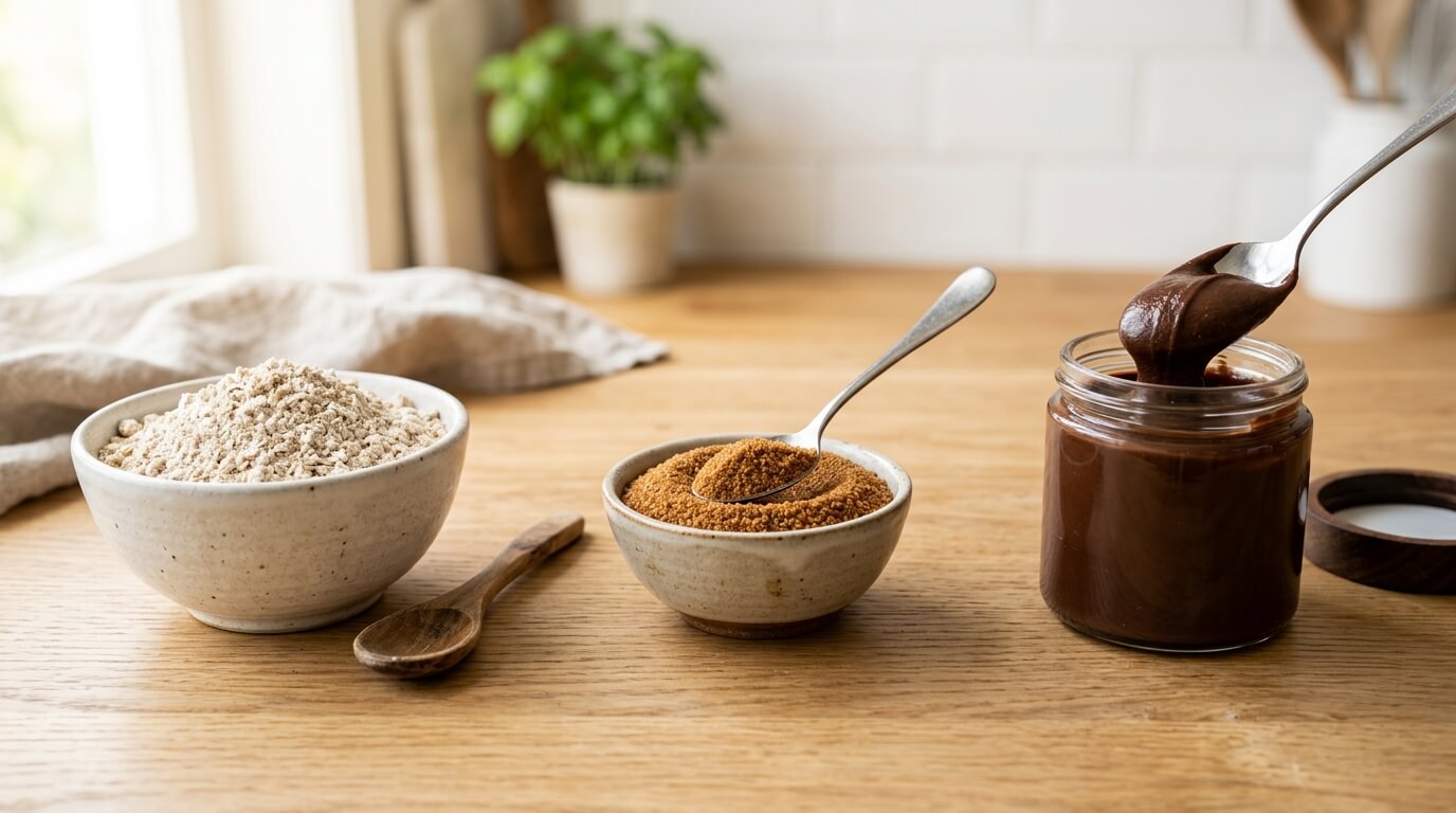 Ingredients for Nutella Stuffed Cookie Pie including flour, brown sugar, and jar of Nutella on wooden table