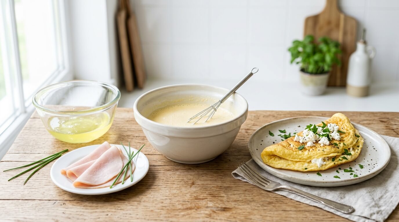 Ham and Cheese Omelette ingredients and plated omelette with whisked eggs, sliced ham, and herbs on wooden table