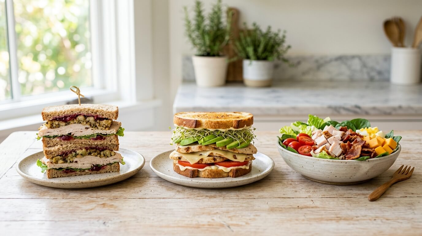 Turkey chicken club sandwich served with layered slices, side salad, and fresh vegetables on kitchen table