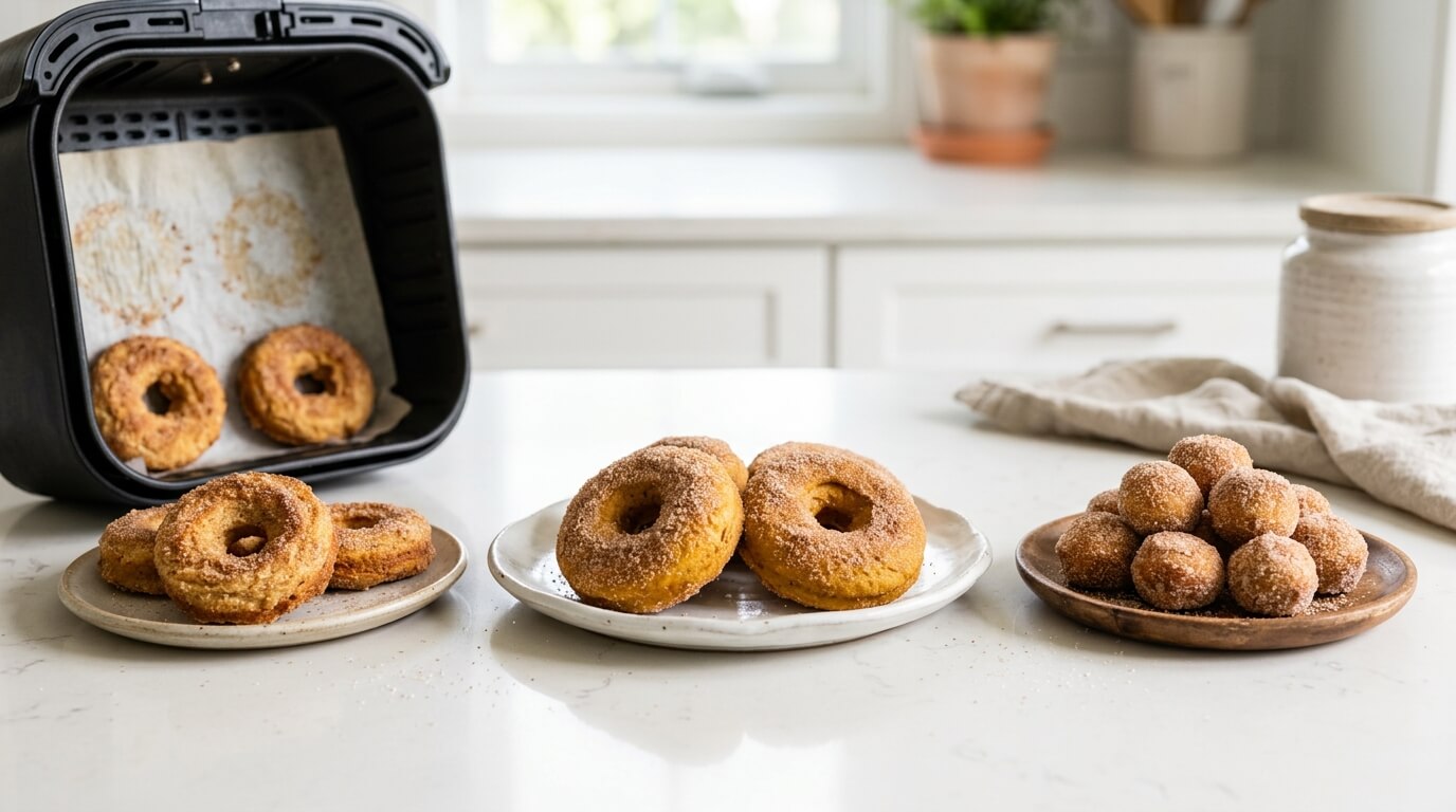 Churro Cheesecake Donut Cookies baked in air fryer and served as donut rings and bite-sized cinnamon sugar balls
