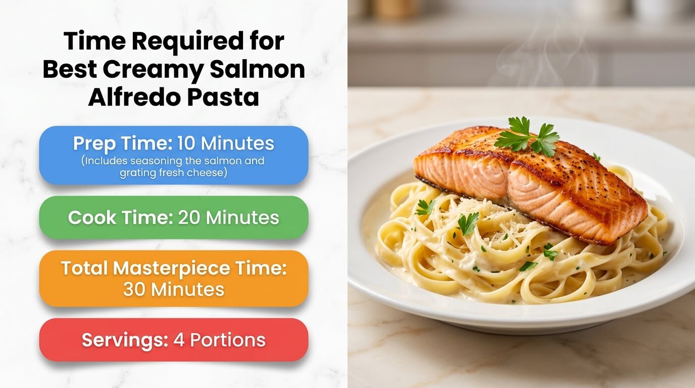 Creamy Salmon Alfredo Pasta with seared salmon over fettuccine and prep, cook time, and serving details graphic
