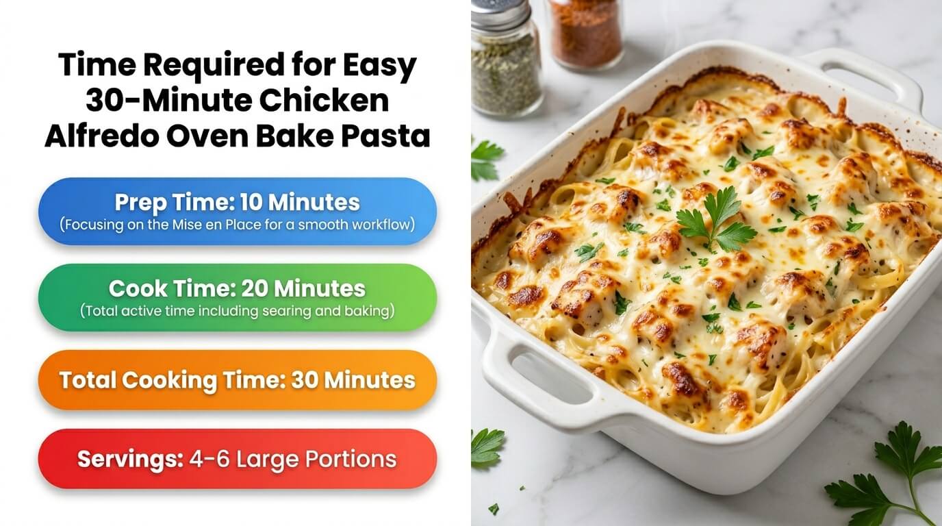 Chicken Alfredo Oven Bake Pasta with cheesy baked fettuccine in dish and prep, cook time, and serving details graphic