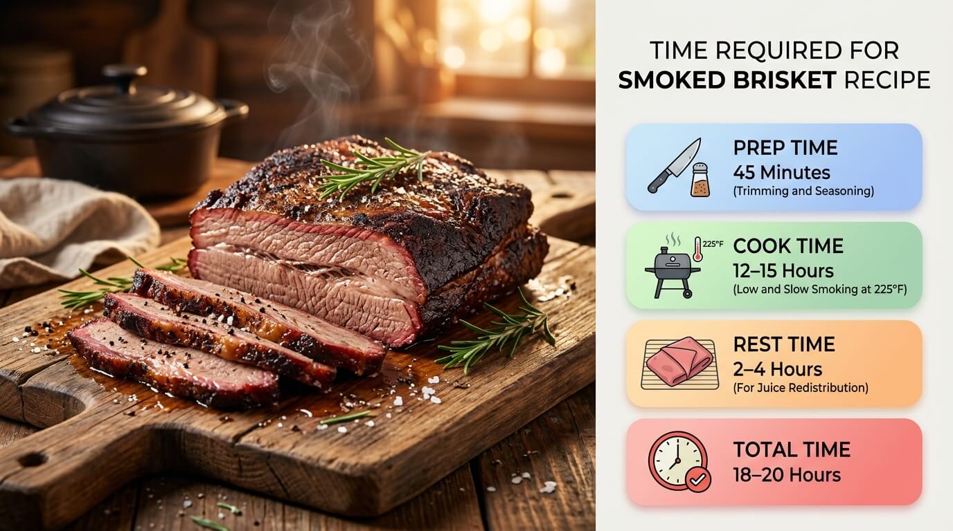 Texas style smoked brisket sliced on board with bark crust, plus prep, cook, rest, and total time details graphic