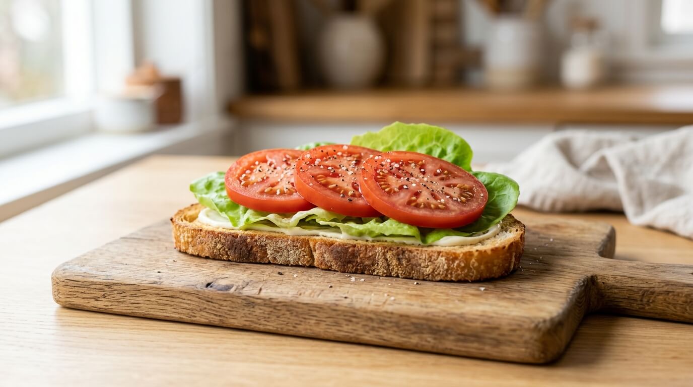 Turkey chicken club sandwich base with toasted bread, lettuce, and sliced tomatoes layered for assembly