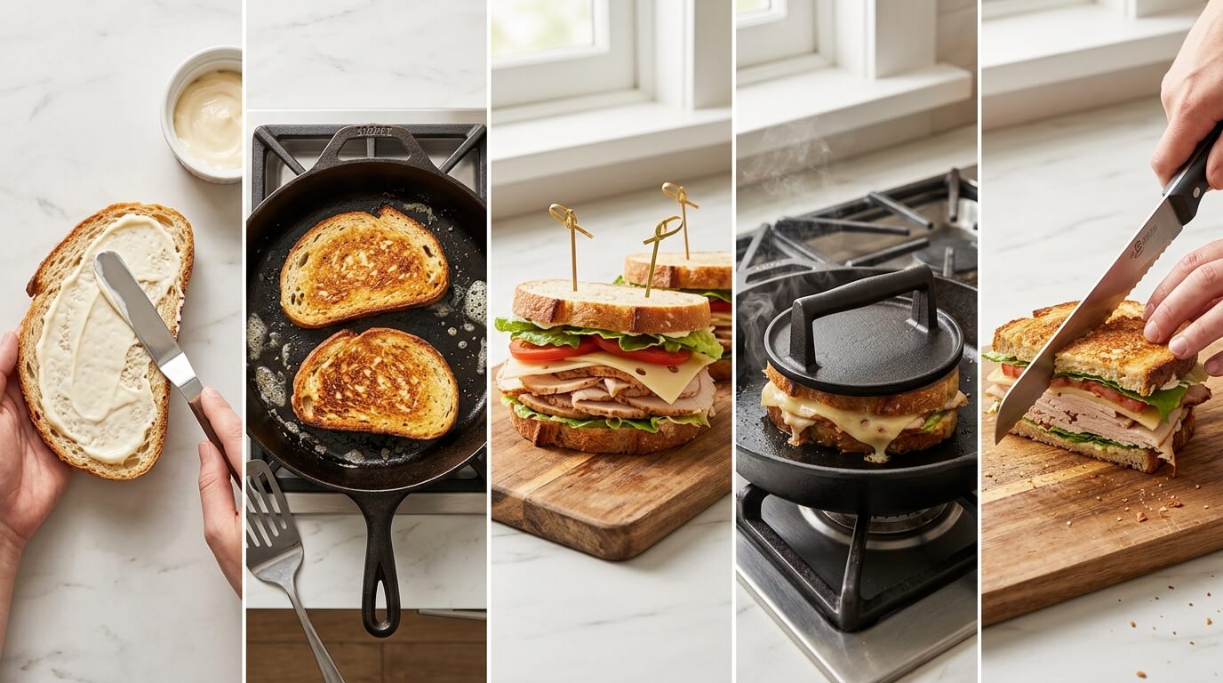 Making turkey chicken club sandwich by spreading mayo, toasting bread, assembling layers, grilling, and slicing sandwich