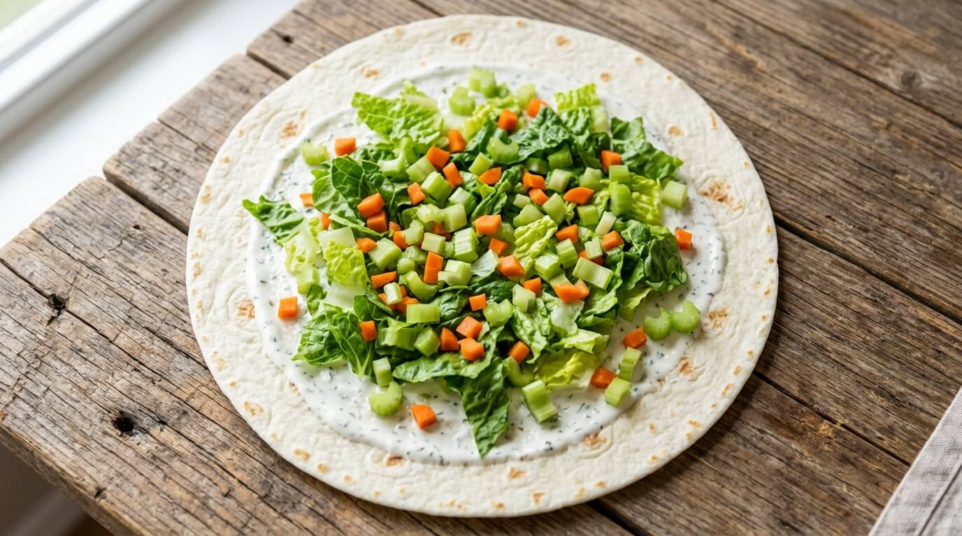 Adding fresh veggies to tortilla for a Crispy Buffalo Chicken Wraps Recipe