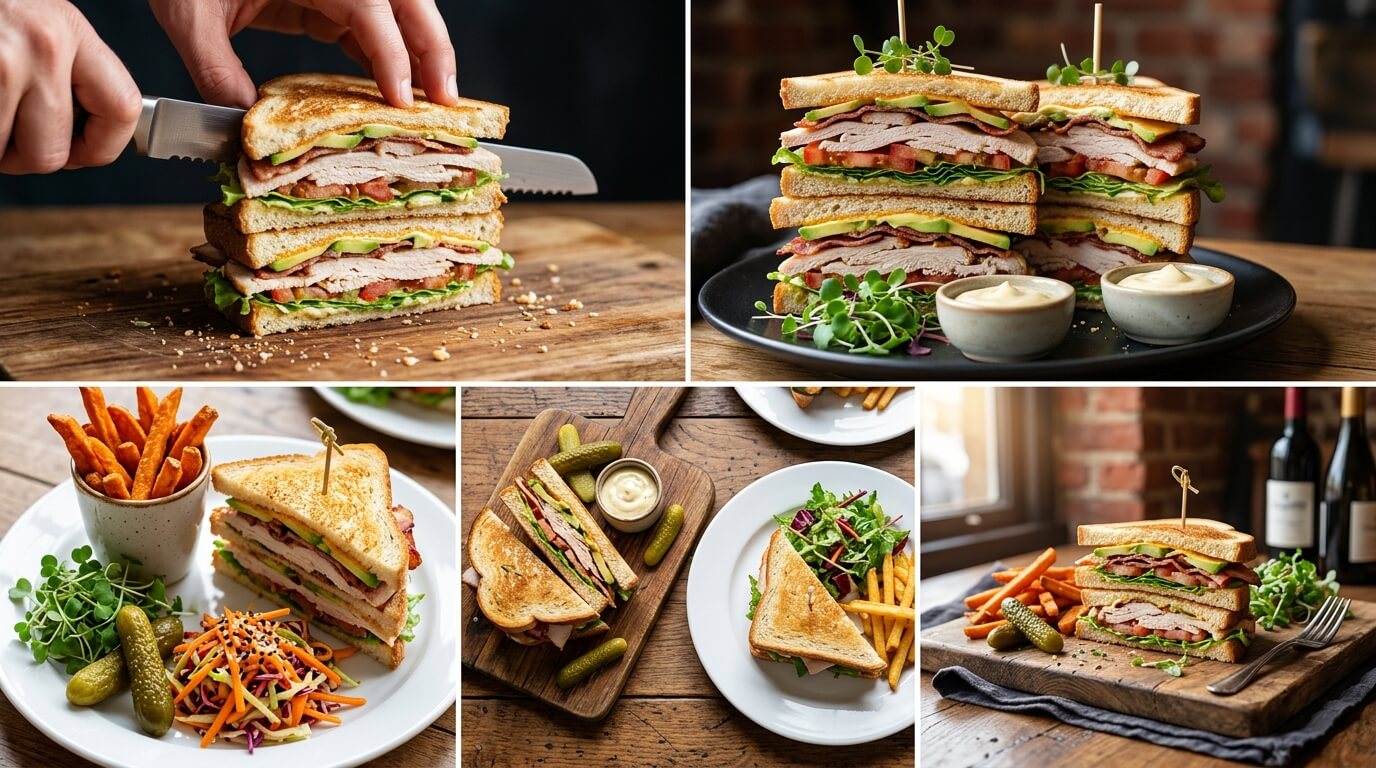 Turkey chicken club sandwich served in different styles with fries, salad, and dipping sauce on plates