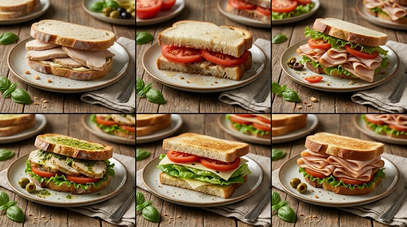 Turkey chicken club sandwich variations showing layered bread, meat, lettuce, tomato, and cheese in different styles