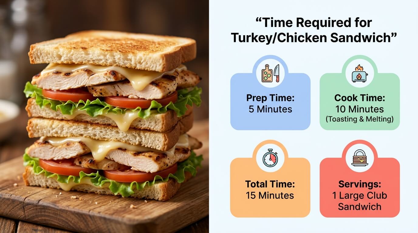 Turkey chicken club sandwich with toasted bread, meat, lettuce, and tomato, plus prep, cook time, and serving details graphic