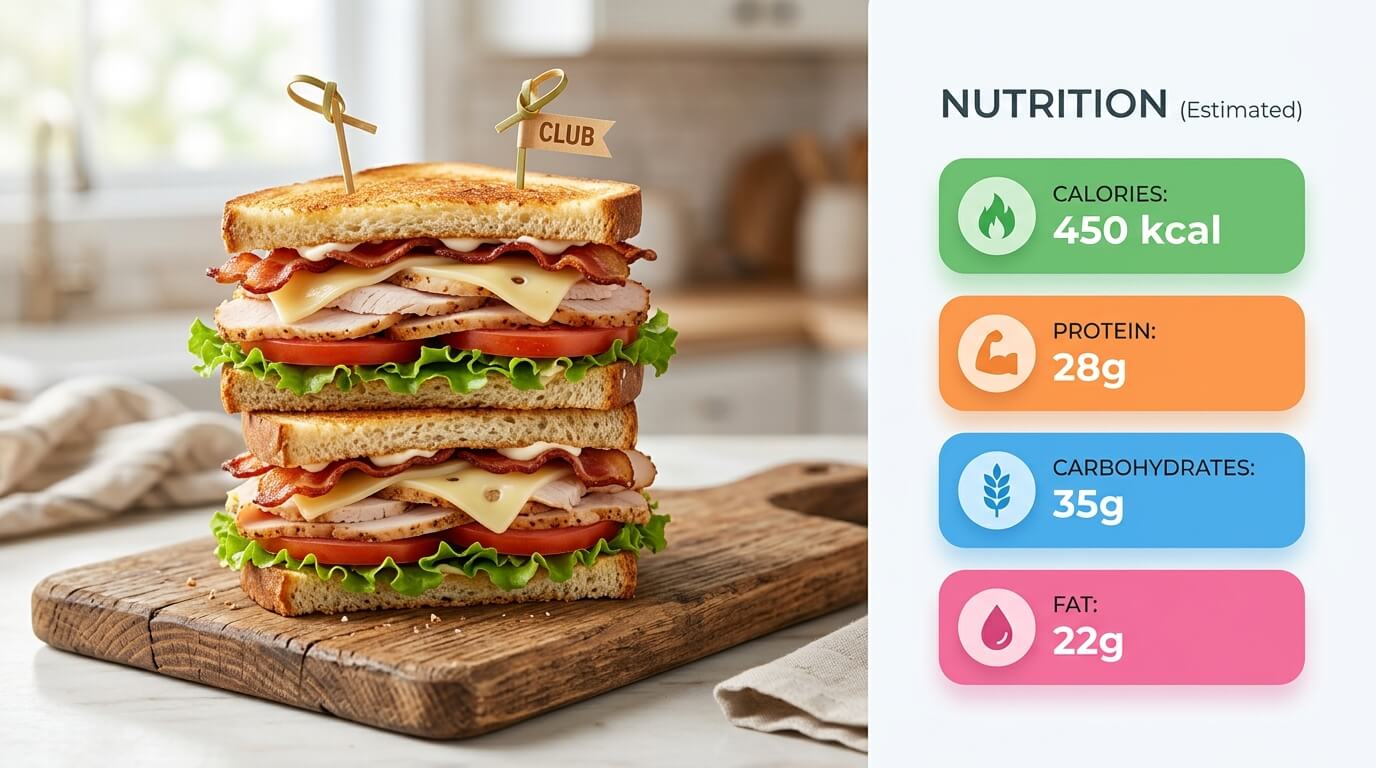 Turkey chicken club sandwich stacked with meat, cheese, lettuce, and tomato, with nutrition facts for calories, protein, carbs, and fat