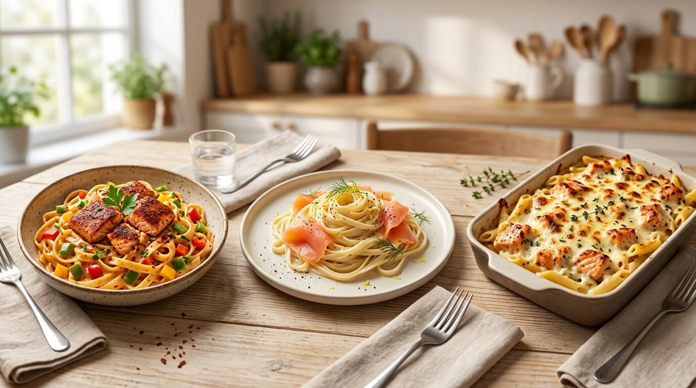 Salmon Alfredo Pasta served three ways with creamy fettuccine, smoked salmon, and baked Alfredo casserole on table