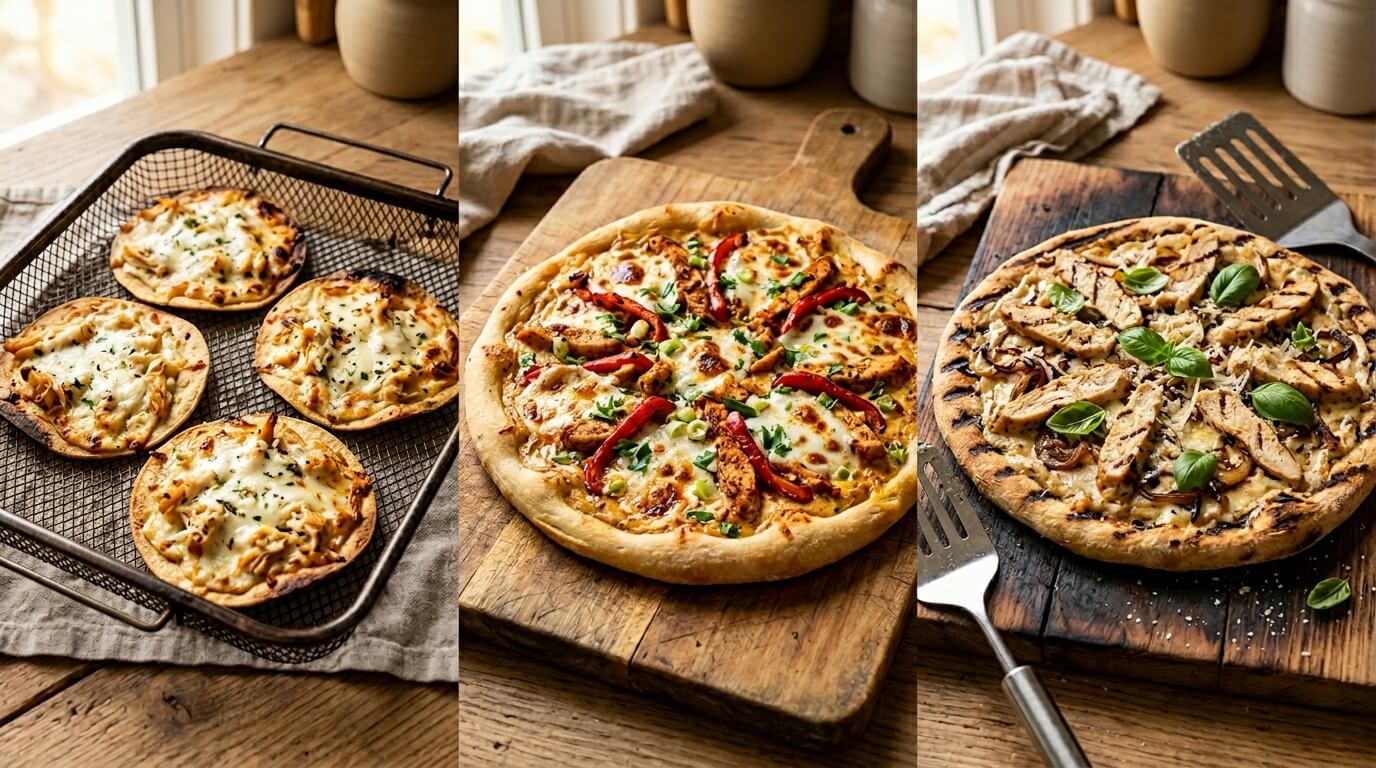 Chicken Alfredo Pizza variations including mini pizzas, classic topped pizza, and gourmet mushroom Alfredo pizza