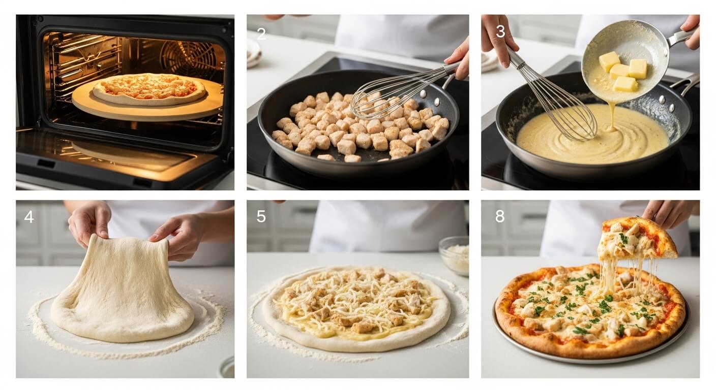 Step by step collage of Chicken Alfredo Pizza preparation showing dough stretching, cooking chicken, making Alfredo sauce, assembling the pizza, baking in the oven, and the finished cheesy pizza
