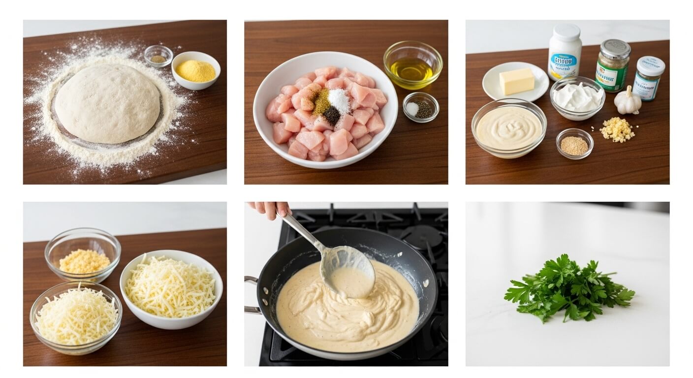 Chicken Alfredo Pizza ingredients including dough, chicken, Alfredo sauce, cheese, and herbs being prepared and cooked