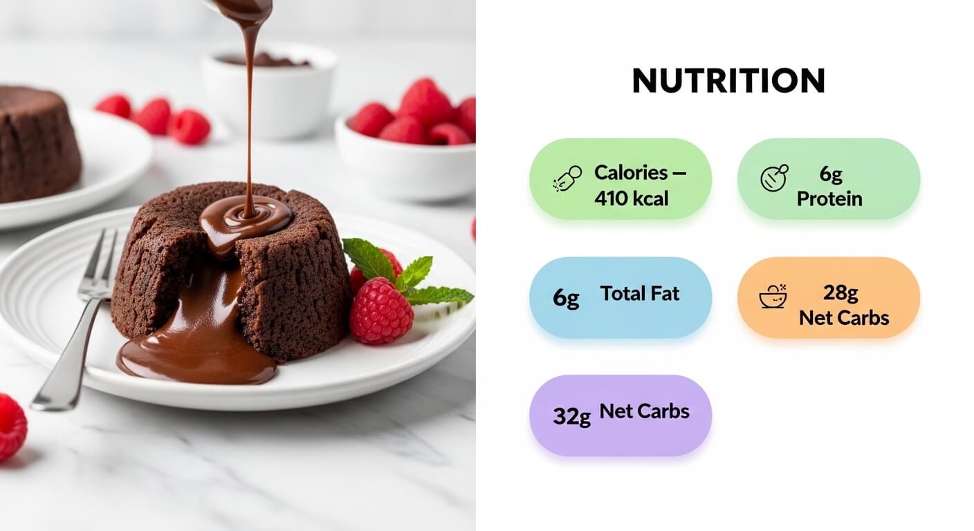 Gooey Chocolate Lava Brookie Cake with molten chocolate center and nutrition facts for calories, protein, fat, and carbs