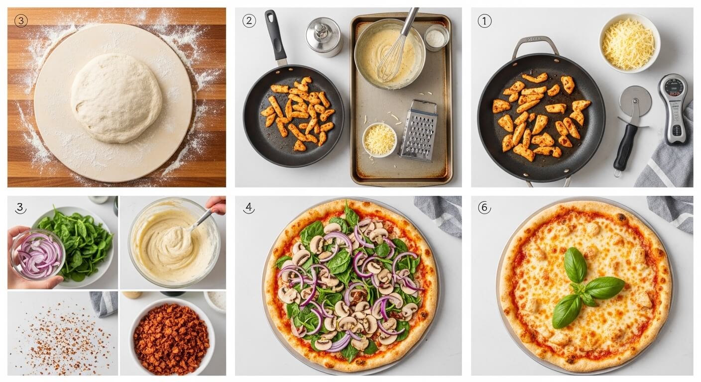 Step-by-step Chicken Alfredo Pizza recipe process: homemade dough, cooking chicken, making creamy Alfredo sauce, assembling with spinach, red onions, mushrooms, and final baked pizza with melted cheese and fresh basil