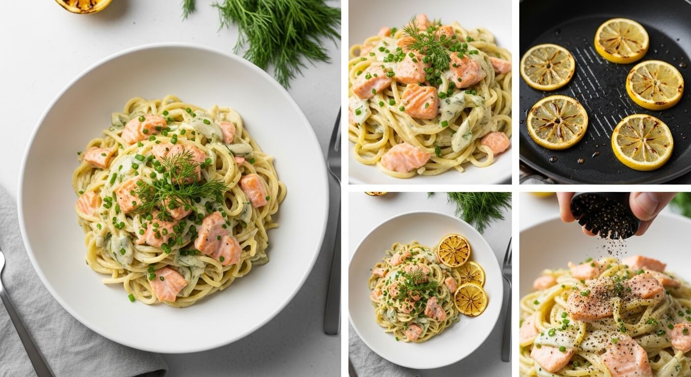 Salmon Alfredo Pasta recipe step by step: fresh ingredients (salmon, fettuccine, cream, parmesan, garlic, lemon), boiling pasta, searing salmon, preparing creamy Alfredo sauce, and the final Salmon Alfredo Pasta served on a plate with parsley and lemon