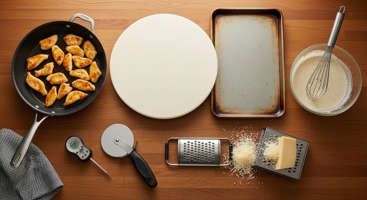 Essential pizza making tools for Chicken Alfredo Pizza including pizza stone, cutter, and digital thermometer