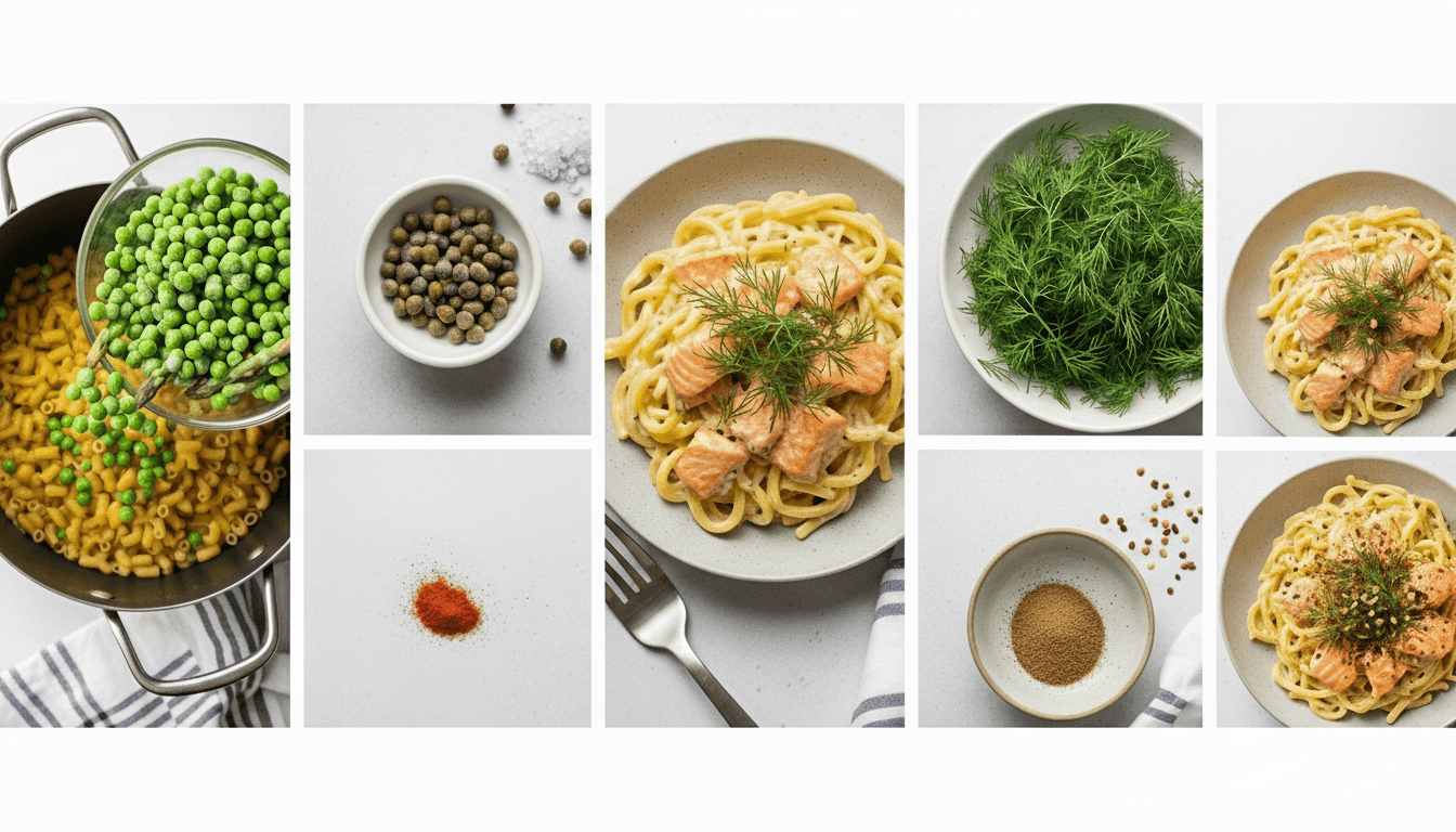 Salmon Alfredo Pasta recipe steps: ingredients, cooking pasta and salmon, making Alfredo sauce, and the finished plated dish