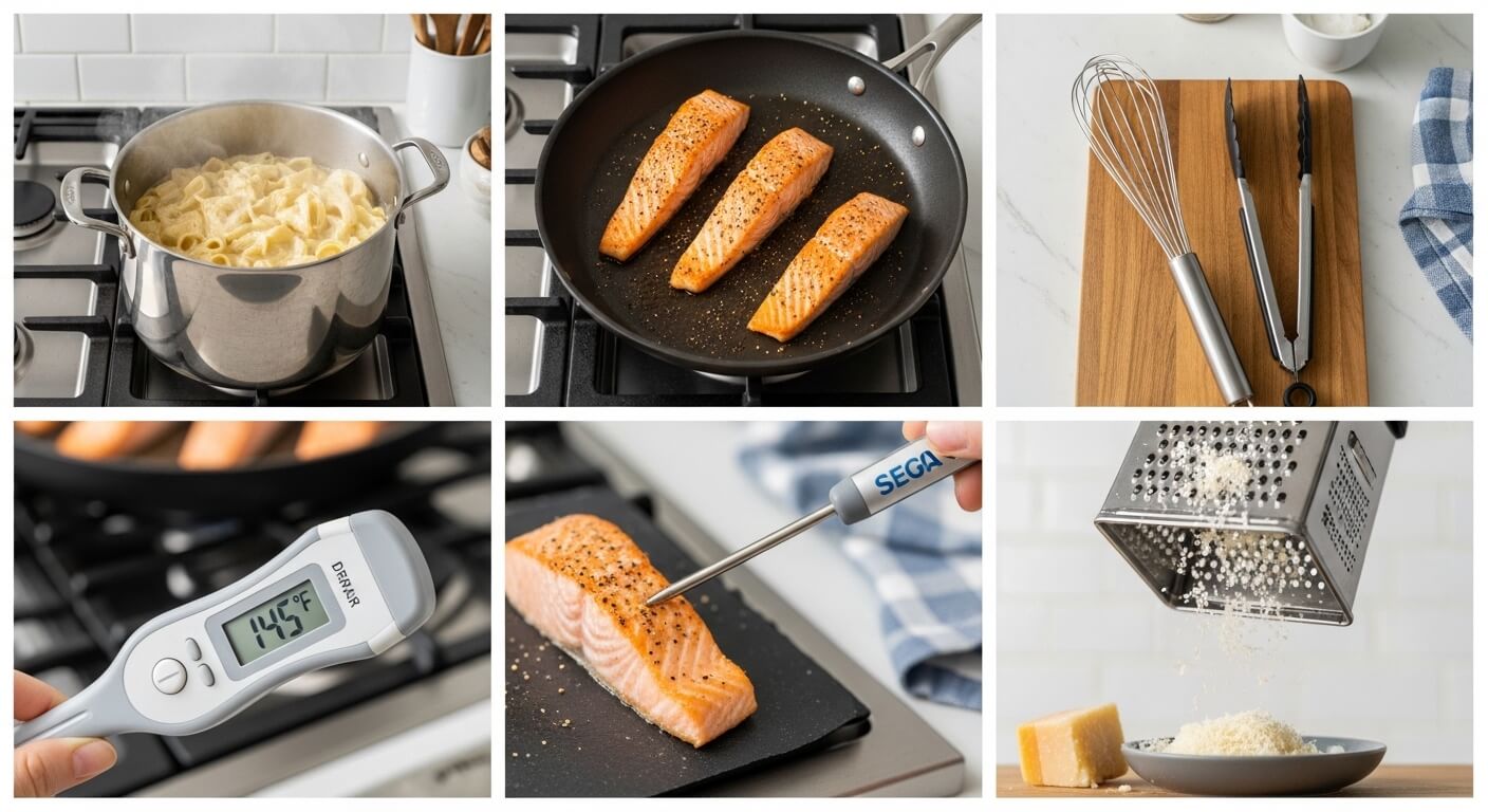 Salmon Alfredo Pasta recipe step-by-step: fresh ingredients (salmon, fettuccine, cream, parmesan, garlic, lemon), boiling pasta, searing salmon, preparing creamy Alfredo sauce, and the final Salmon Alfredo Pasta served on a plate with parsley and lemon