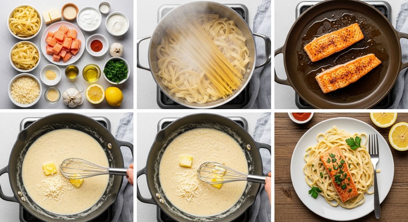 Step by step Salmon Alfredo Pasta recipe: fresh ingredients including salmon fillets, fettuccine pasta, cream, parmesan, garlic and lemon, boiling pasta, pan searing salmon, making creamy Alfredo sauce, and the finished Salmon Alfredo Pasta dish