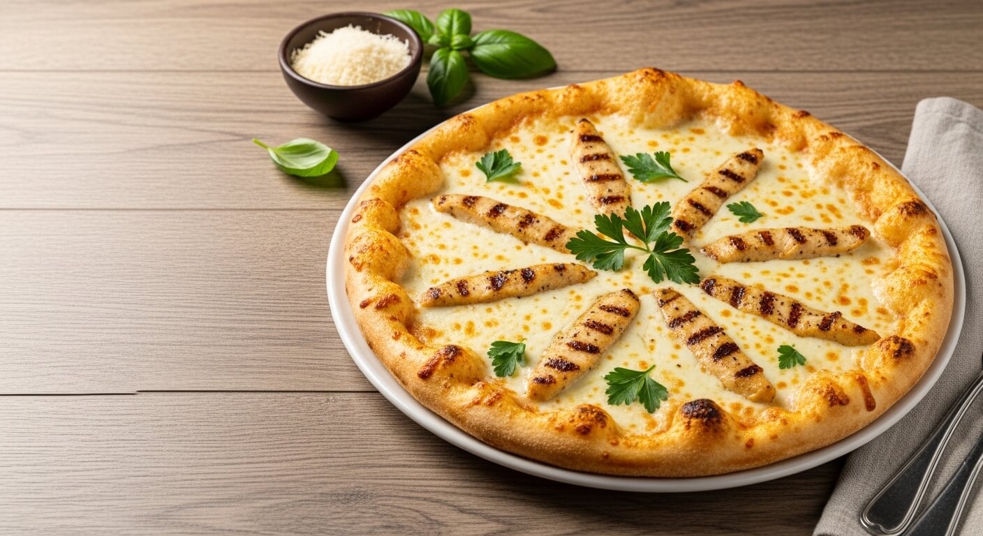 Chicken Alfredo Pizza topped with grilled chicken, creamy white sauce, and melted cheese