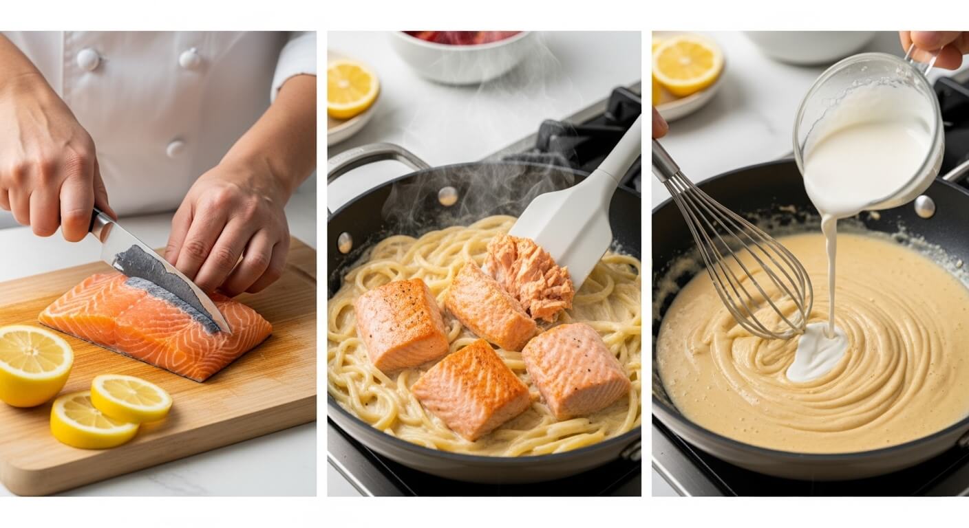 Preparing Salmon Alfredo Pasta with slicing salmon, cooking with fettuccine, and whisking creamy Alfredo sauce