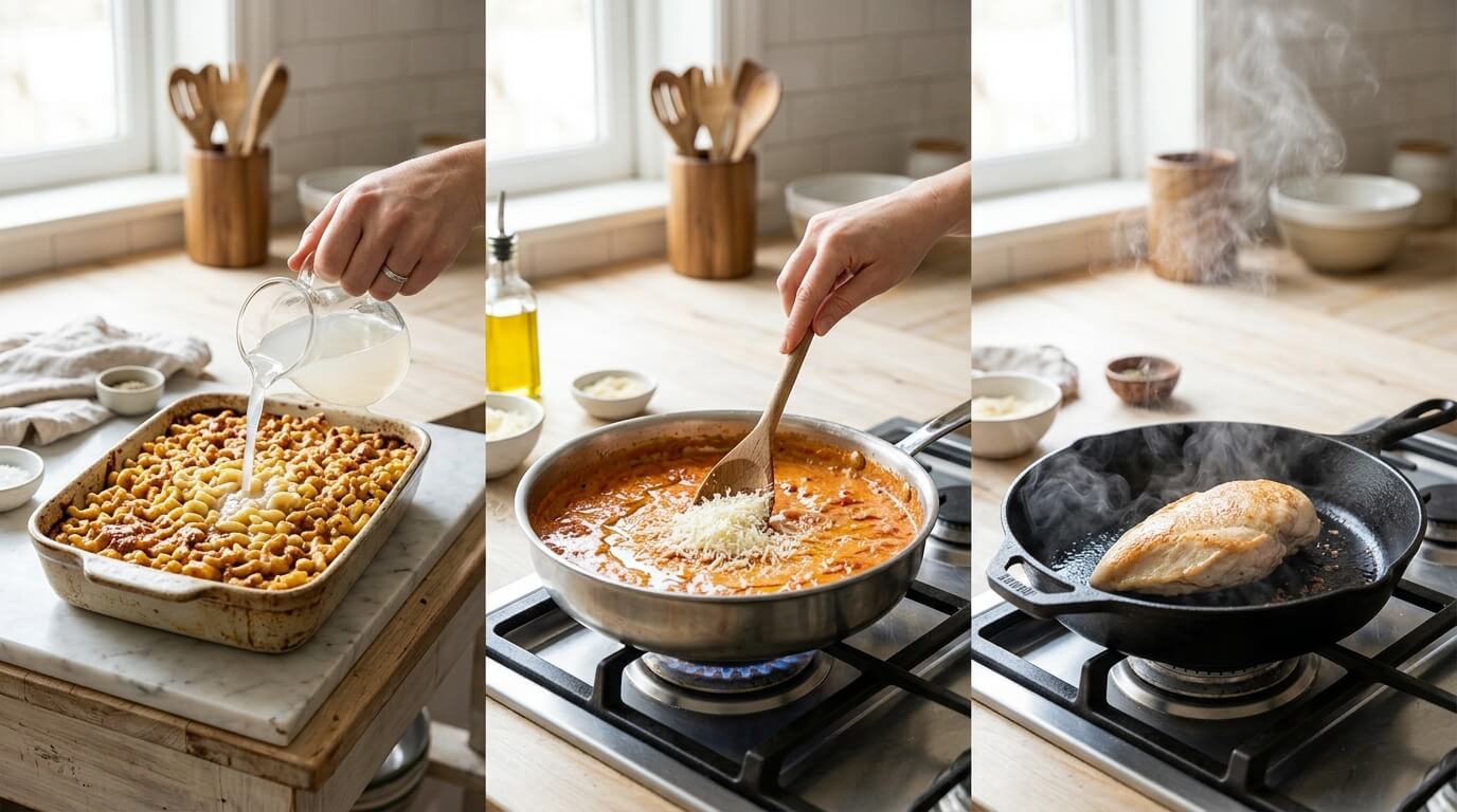 Preparing Chicken Alfredo Oven Bake Pasta with adding cream to pasta, making sauce, and cooking chicken in pan