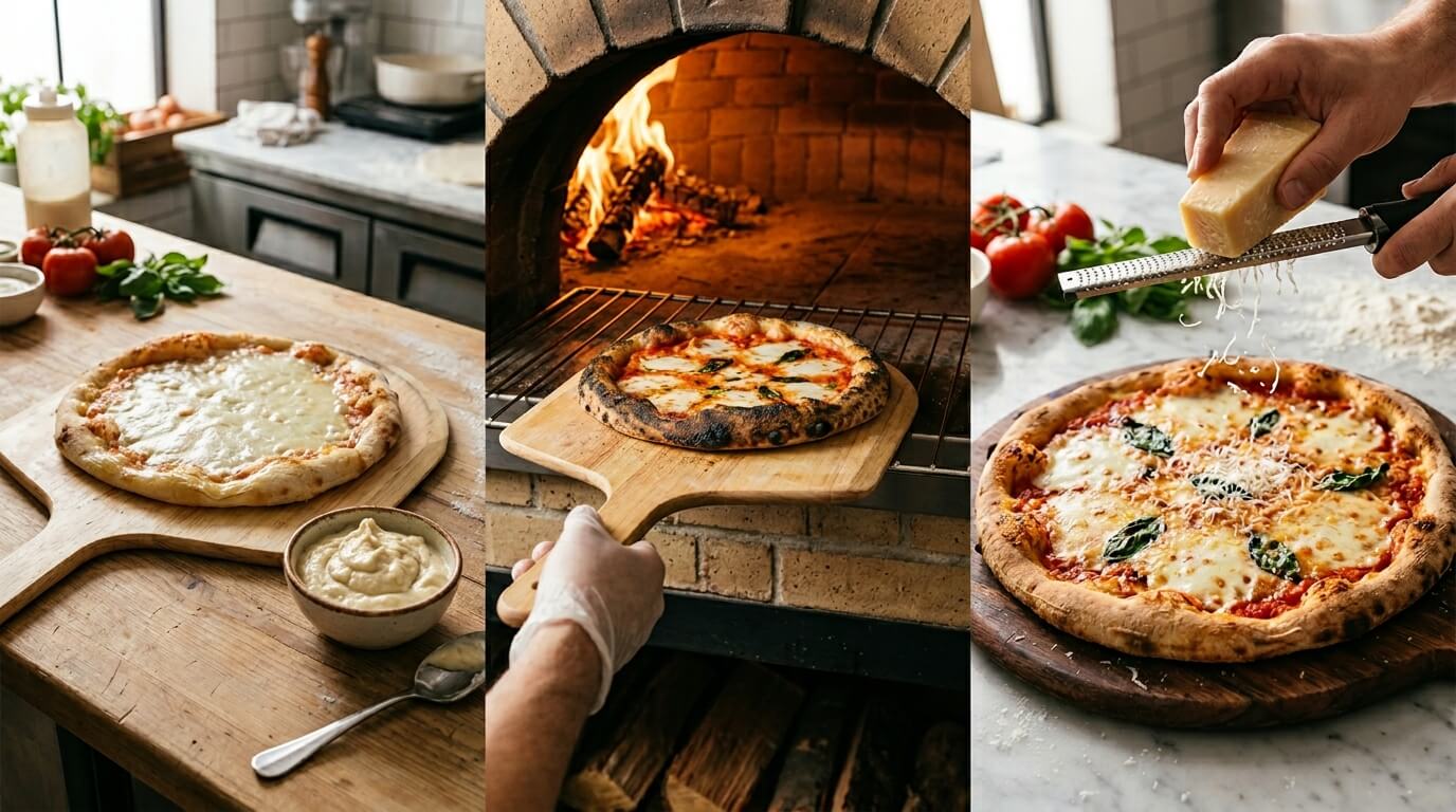 Chicken Alfredo Pizza baked in oven, topped with cheese, and finished with grated Parmesan on crispy crust