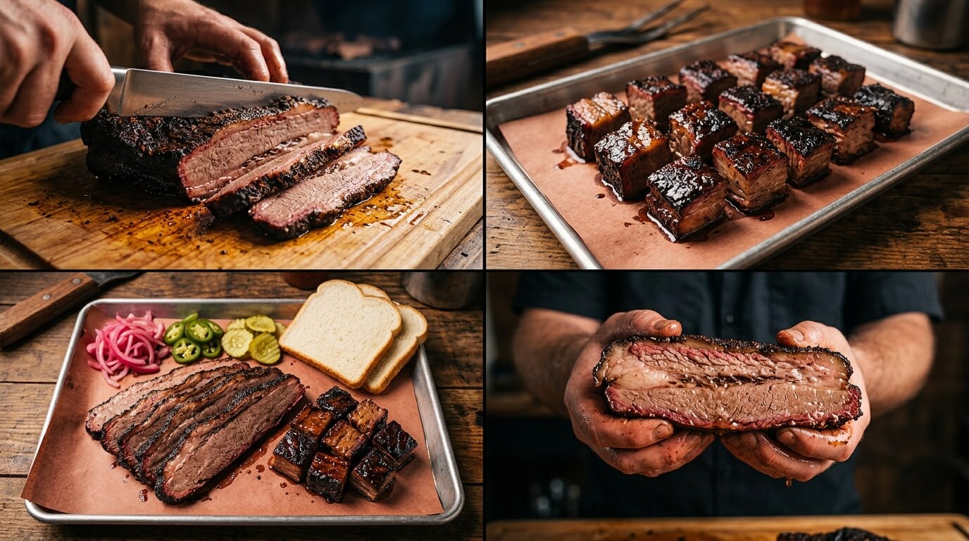 Texas Style Smoked Brisket recipe results: sliced brisket with smoke ring, burnt ends, and traditional Texas serving style with pickles, onions, and bread