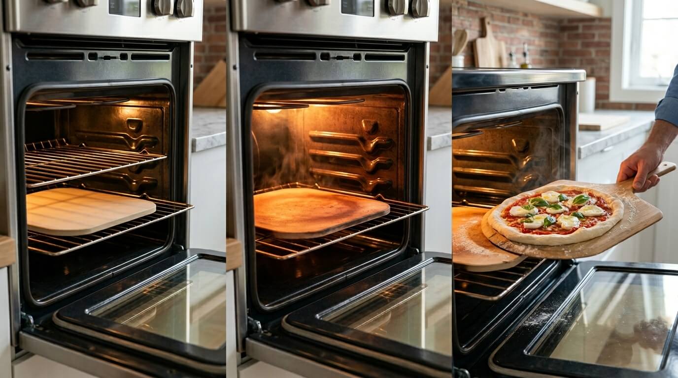 Baking Chicken Alfredo Pizza in oven, placing dough inside and removing cooked pizza on tray