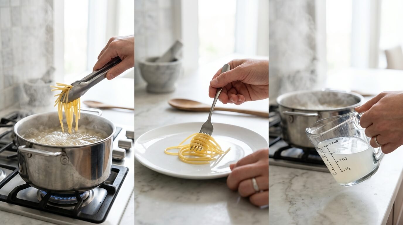 Preparing Chicken Alfredo Oven Bake Pasta by boiling fettuccine, plating noodles, and measuring pasta water for sauce