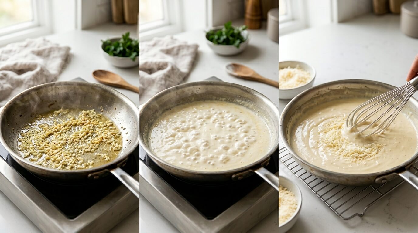 Making Chicken Alfredo Pizza sauce by melting cheese, simmering cream, and whisking into smooth Alfredo sauce