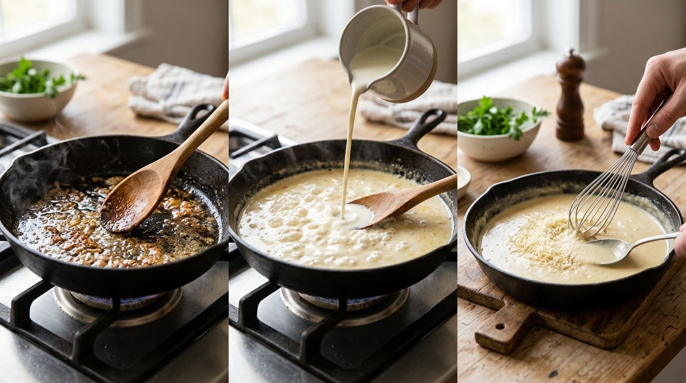 Making Chicken Alfredo Oven Bake Pasta sauce with garlic, cream added, and whisking cheese into creamy mixture