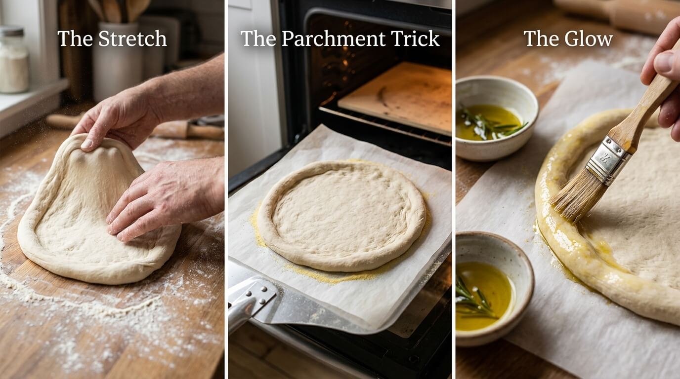 Preparing Chicken Alfredo Pizza dough by stretching, using parchment paper, and brushing crust with oil for golden finish