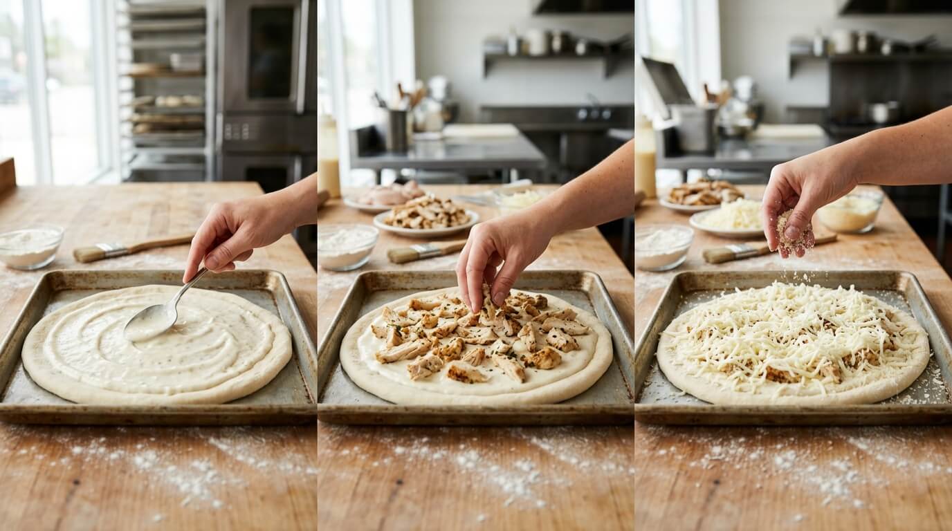 Assembling Chicken Alfredo Pizza by spreading sauce, adding chicken pieces, and topping with shredded cheese