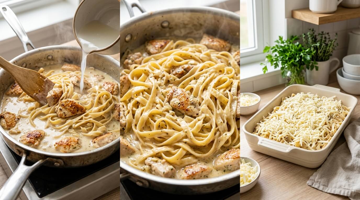 Assembling Chicken Alfredo Oven Bake Pasta with creamy chicken fettuccine and topping with shredded cheese before baking
