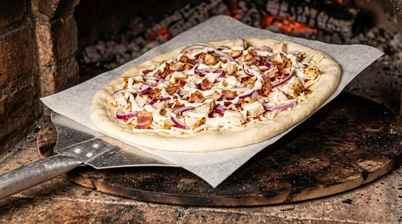 Chicken Alfredo Pizza with creamy sauce, chicken, onions, and cheese baking on pizza peel in oven