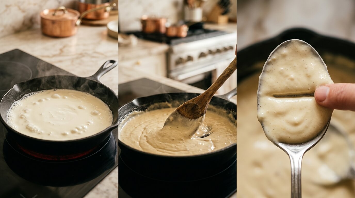 Creamy Chicken Alfredo Pasta sauce thickening in pan, stirred smooth, and tested for rich consistency on spoon