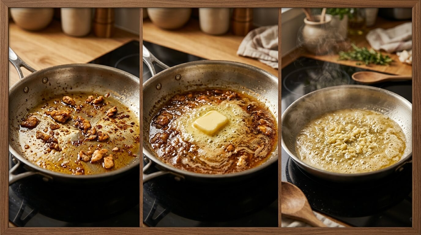 Making Chicken Alfredo Pasta sauce with garlic sauté, melting butter, and creamy sauce simmering in pan