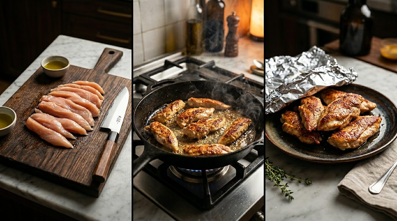 Preparing Chicken Alfredo Pasta with raw chicken on board, searing in pan, and cooked pieces resting on plate
