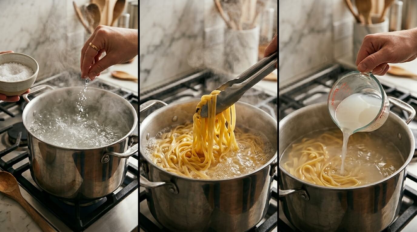 Step-by-step Chicken Alfredo Pasta cooking, boiling fettuccine, lifting noodles, and adding creamy sauce in pot