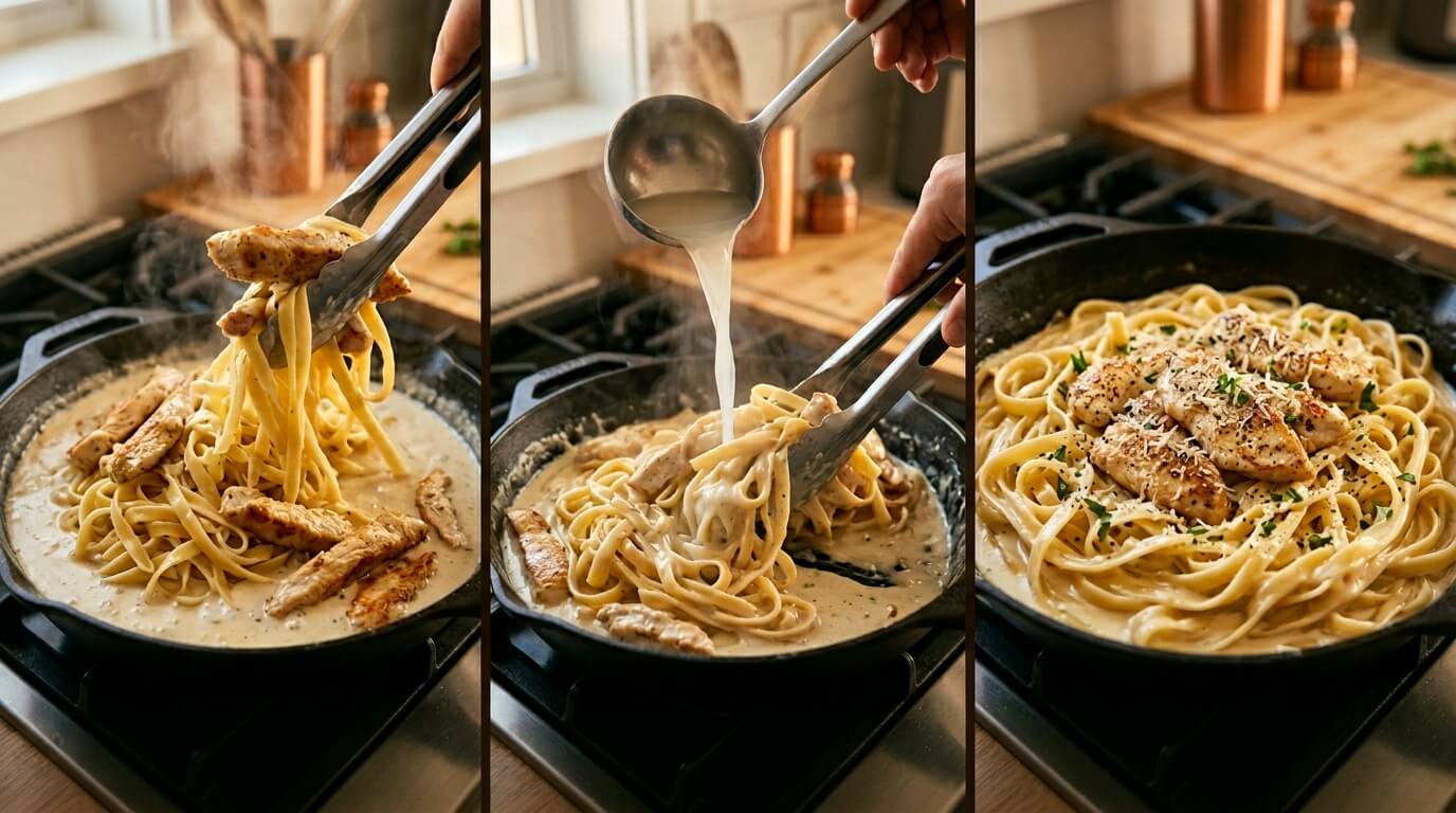 Finishing Chicken Alfredo Pasta by mixing chicken with fettuccine, adding sauce, and serving creamy plated dish